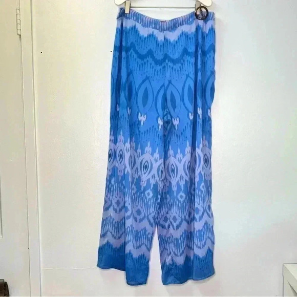 Soft Surroundings Pants XL Blue Geometric Trousers Wide Leg Lined Elastic Waist